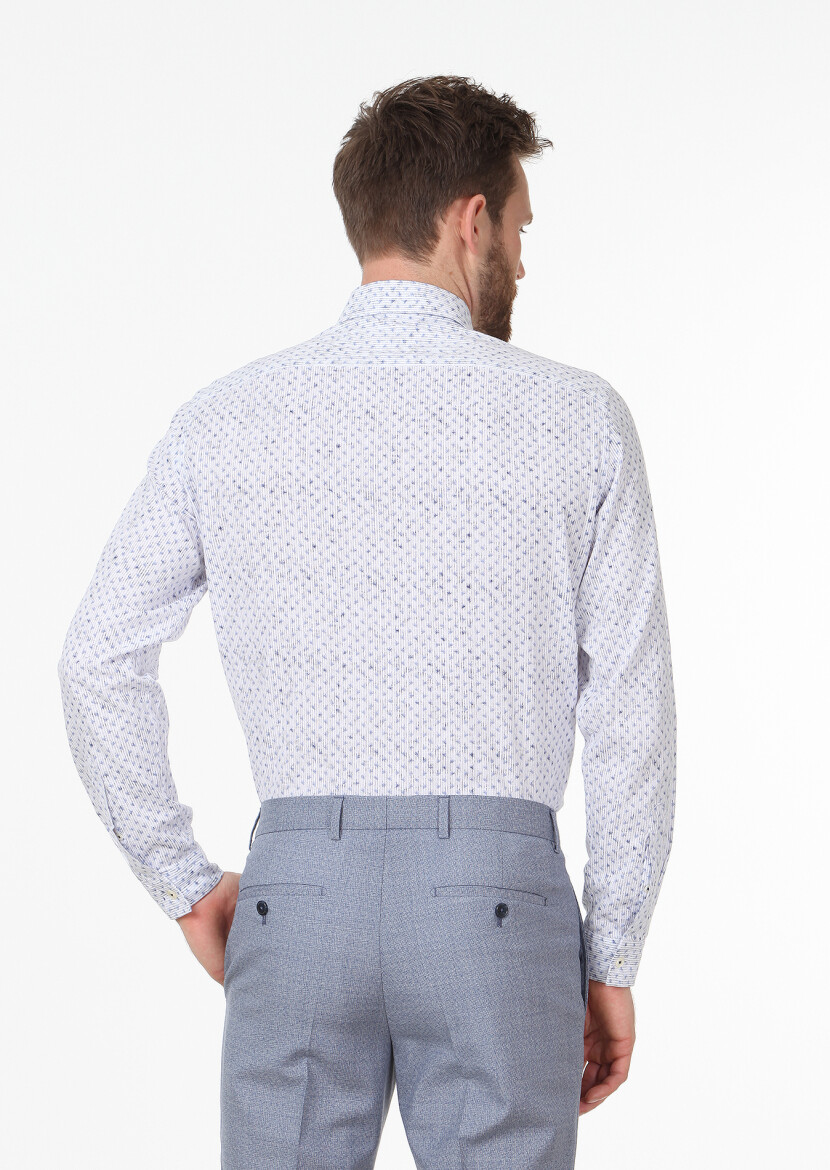 Lacivert Baskılı Regular Fit Uzun Dokuma Casual %100 Pamuk Gömlek - 3