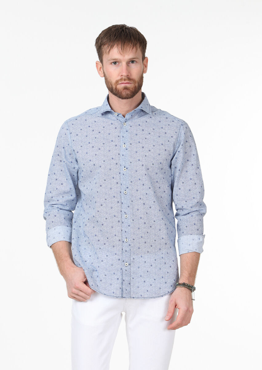 Lacivert Baskılı Regular Fit Uzun Dokuma Casual %100 Pamuk Gömlek - 1