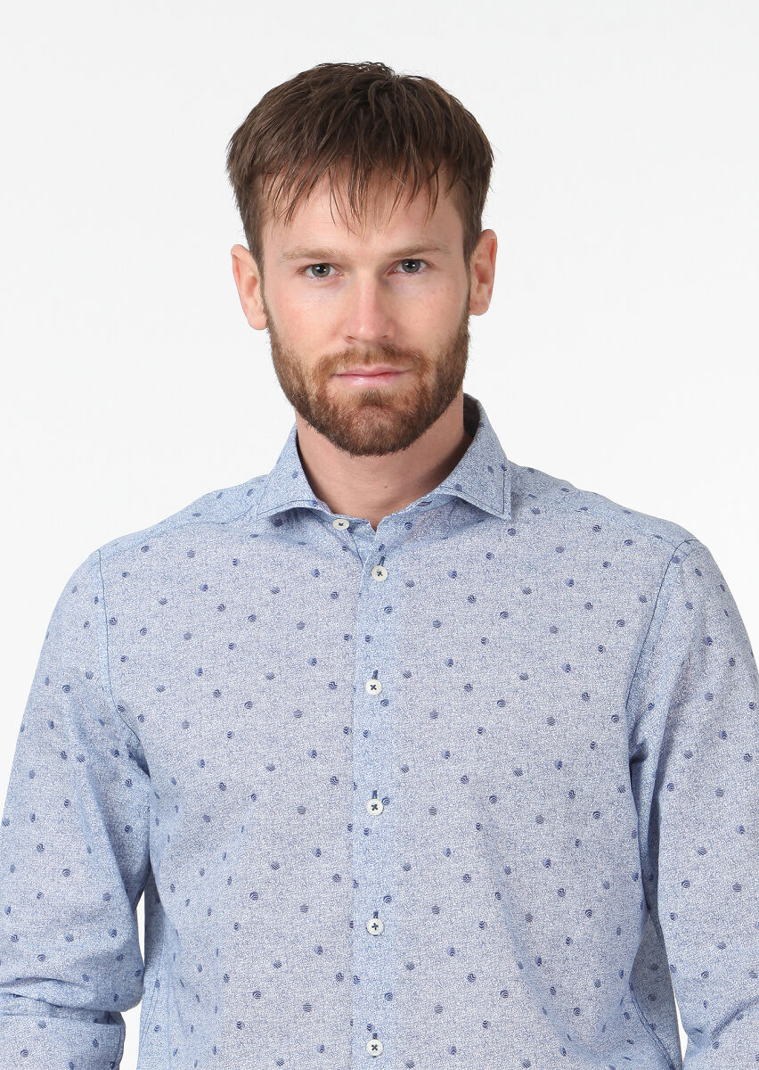 Lacivert Baskılı Regular Fit Uzun Dokuma Casual %100 Pamuk Gömlek - 2