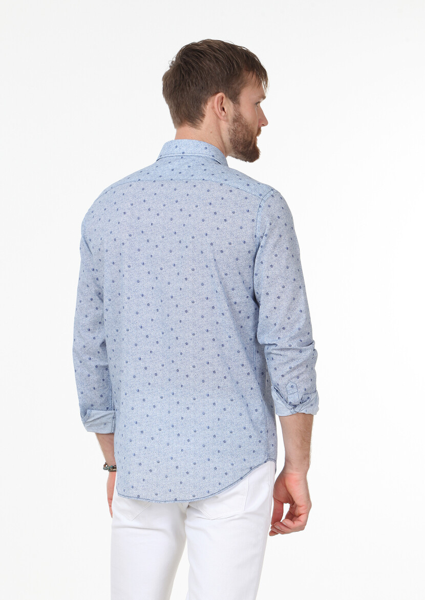 Lacivert Baskılı Regular Fit Uzun Dokuma Casual %100 Pamuk Gömlek - 3