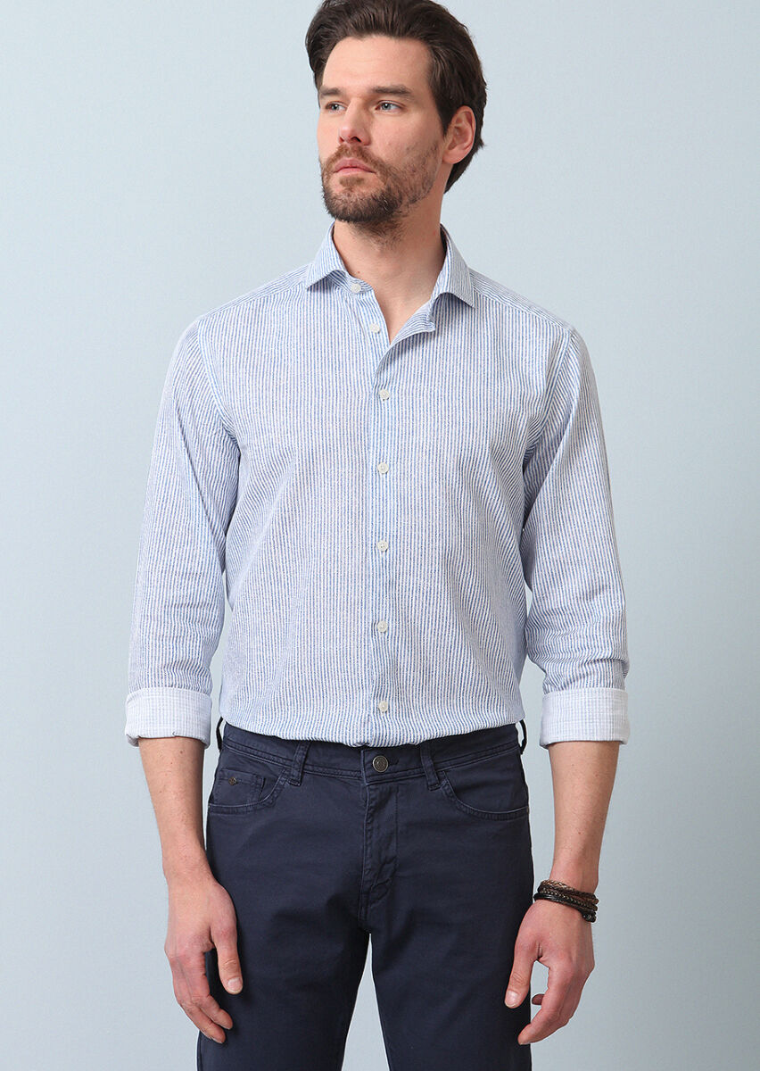 Lacivert Baskılı Regular Fit Uzun Dokuma Casual %100 Pamuk Gömlek - 2