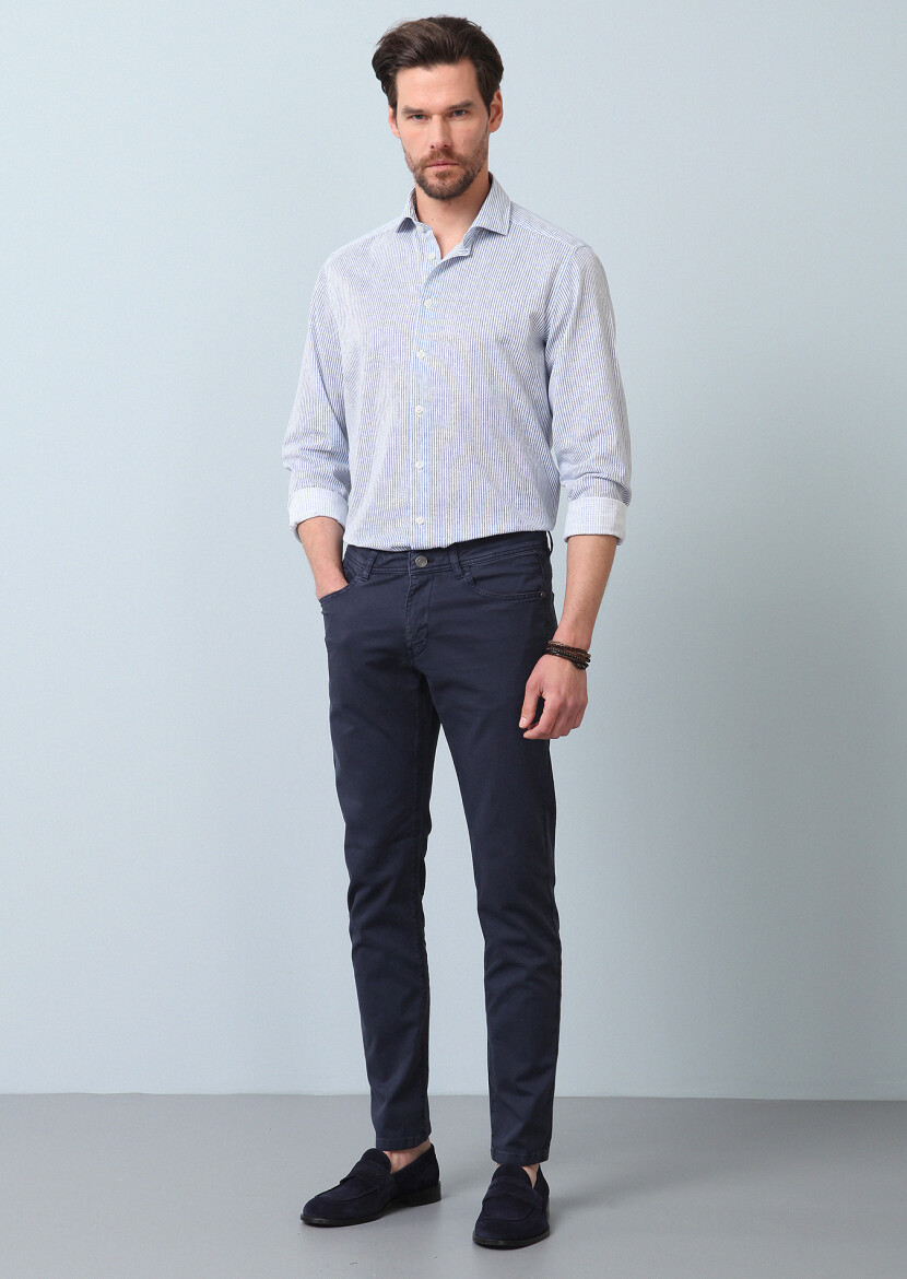 Lacivert Baskılı Regular Fit Uzun Dokuma Casual %100 Pamuk Gömlek - 3