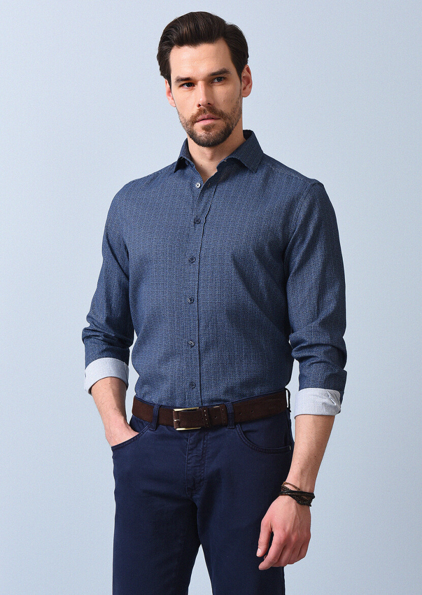 Lacivert Baskılı Regular Fit Uzun Dokuma Casual %100 Pamuk Gömlek - 3