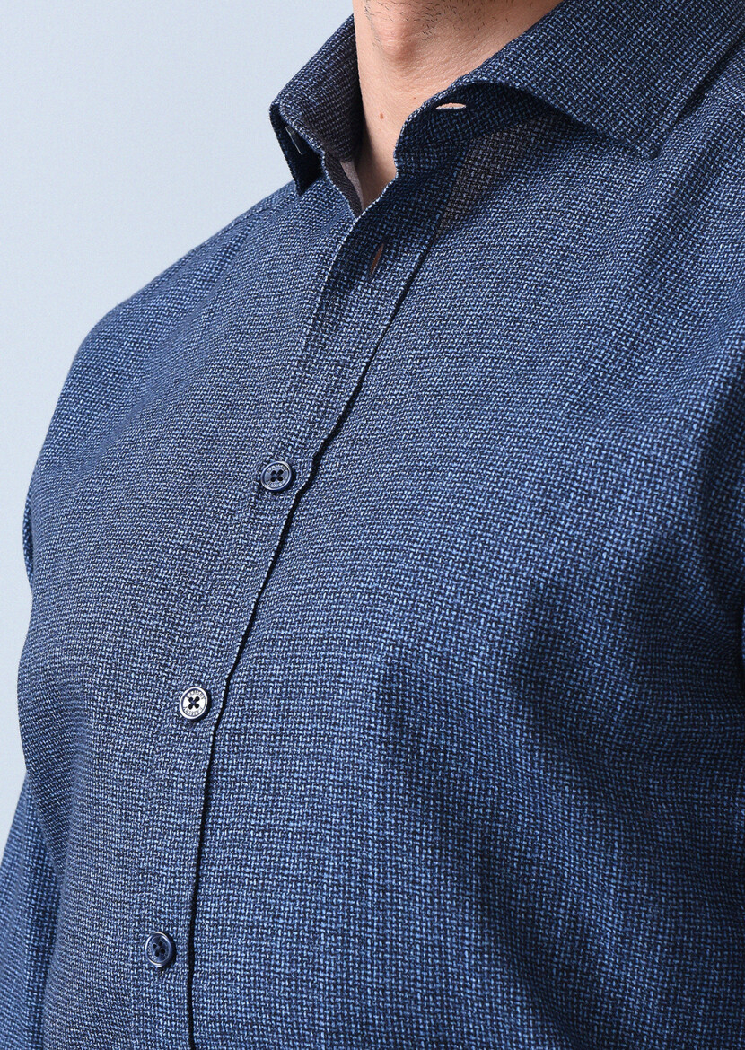 Lacivert Baskılı Regular Fit Uzun Dokuma Casual %100 Pamuk Gömlek - 4