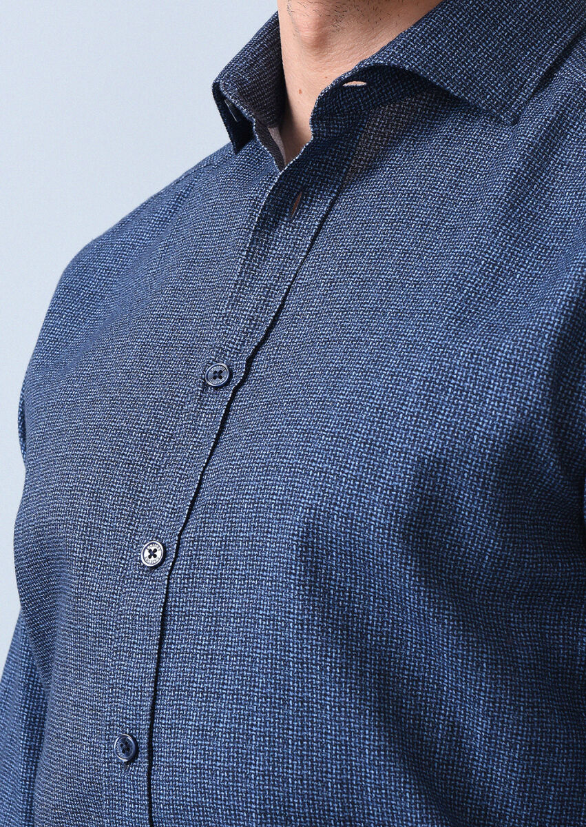 Lacivert Baskılı Regular Fit Uzun Dokuma Casual %100 Pamuk Gömlek - 4