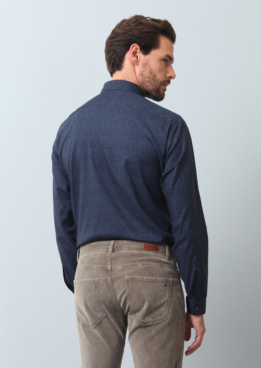 Lacivert Baskılı Regular Fit Uzun Dokuma Casual %100 Pamuk Gömlek - 5