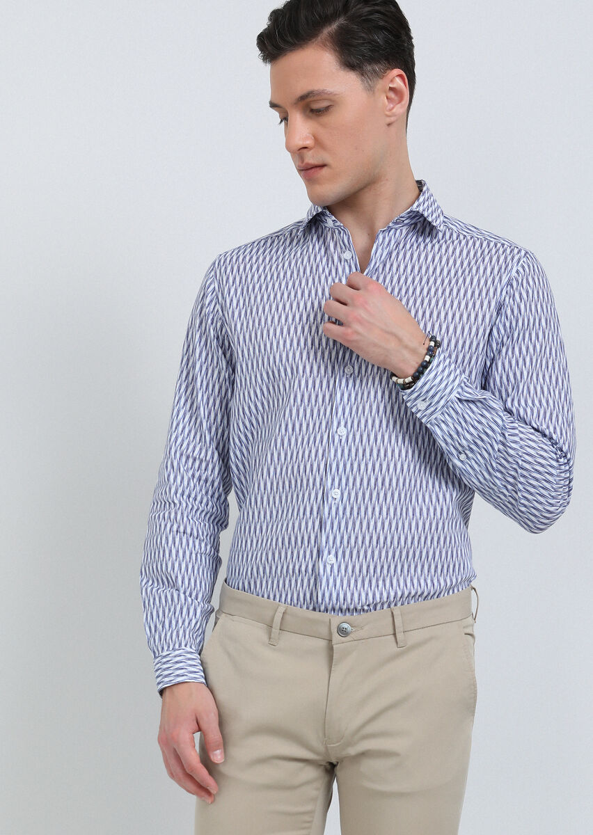 Lacivert Baskılı Regular Fit Uzun Dokuma Casual Pamuk Karışımlı Gömlek - 2