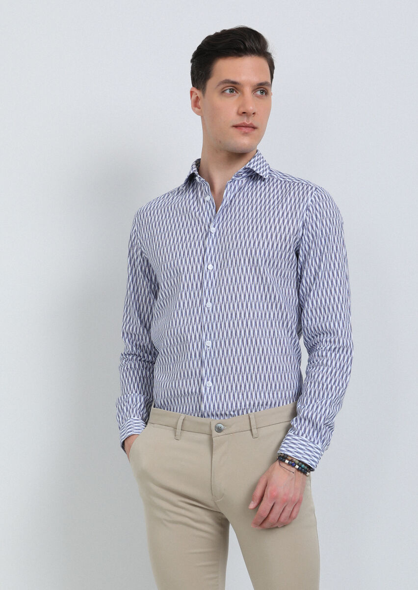 Lacivert Baskılı Regular Fit Uzun Dokuma Casual Pamuk Karışımlı Gömlek - 3