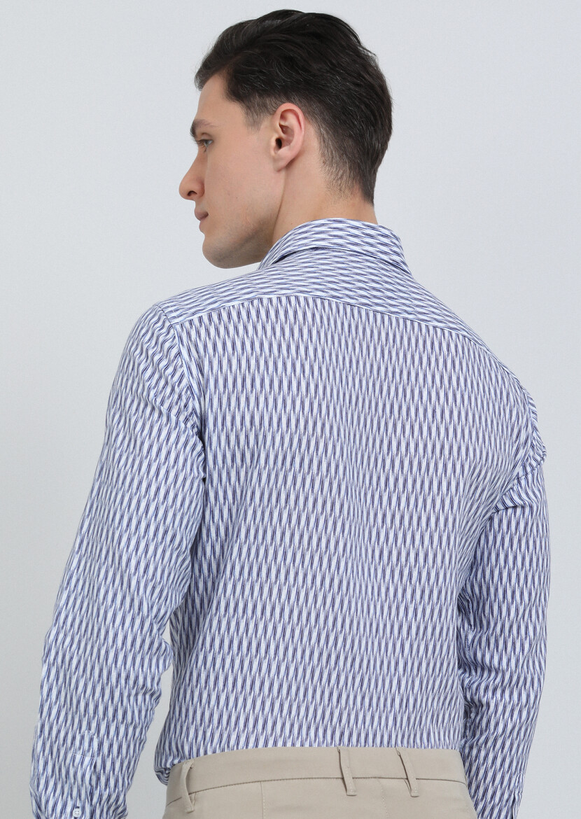Lacivert Baskılı Regular Fit Uzun Dokuma Casual Pamuk Karışımlı Gömlek - 4