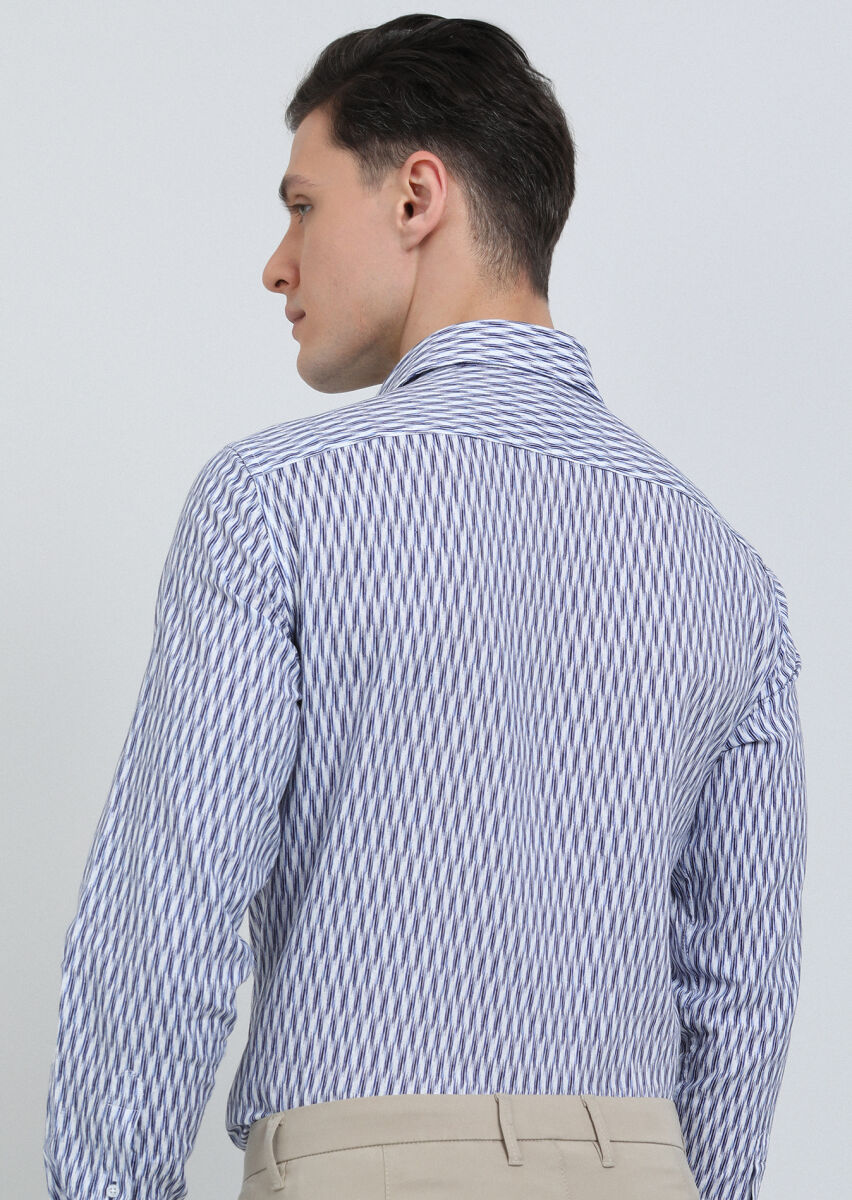 Lacivert Baskılı Regular Fit Uzun Dokuma Casual Pamuk Karışımlı Gömlek - 4