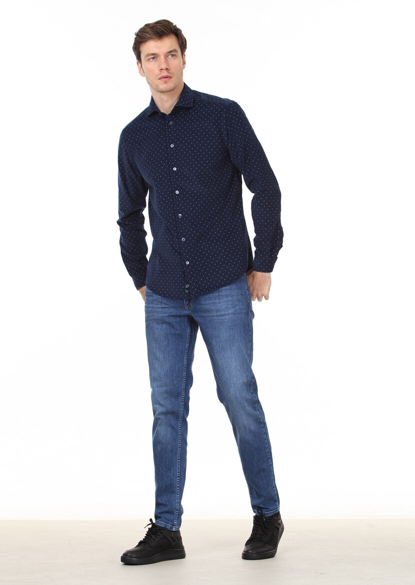 Lacivert Baskılı Regular Fit Uzun Dokuma Kadife Casual %100 Pamuk Gömlek - 4