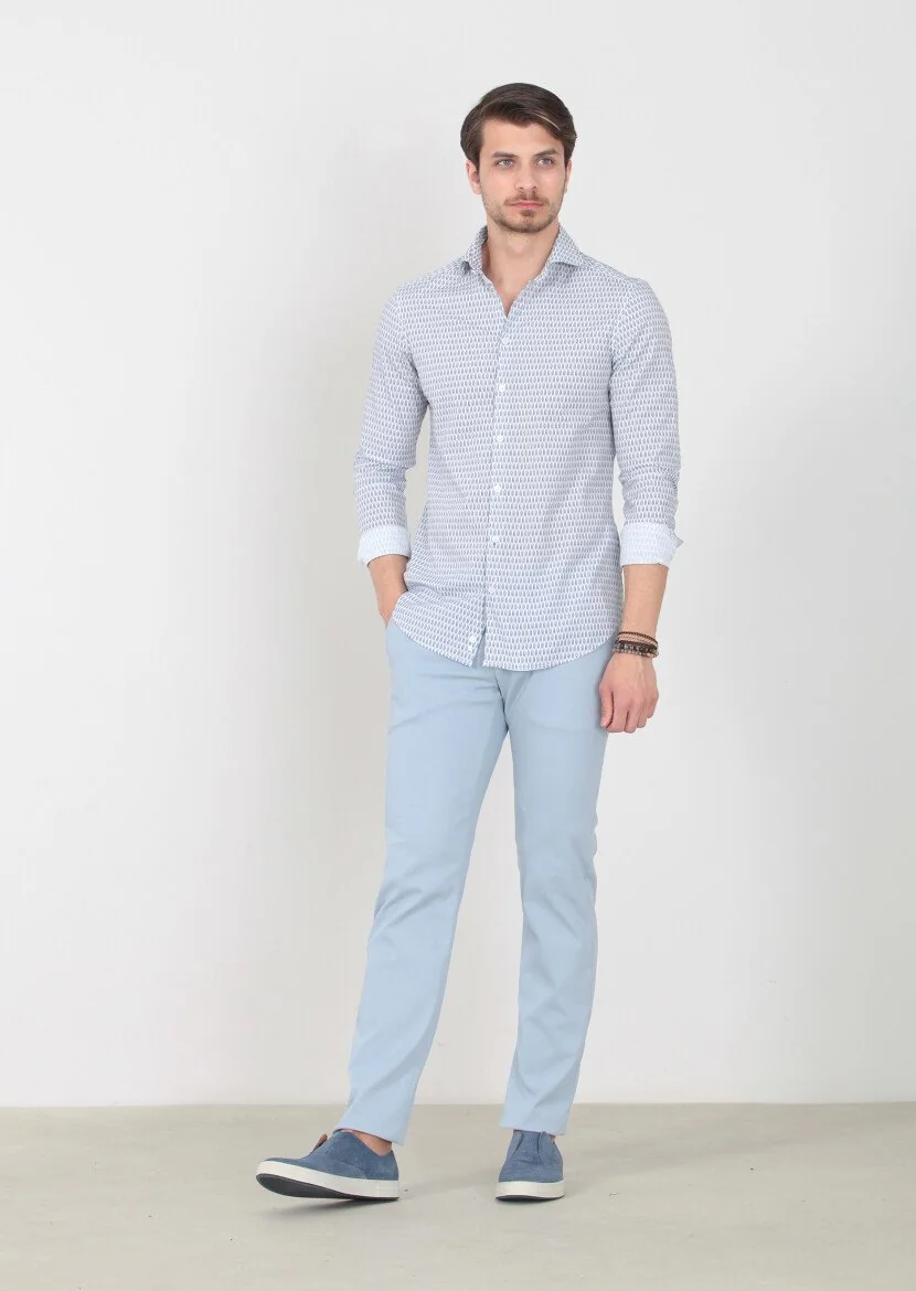 Lacivert Baskılı Slim Fit Dokuma Casual %100 Pamuk Gömlek 