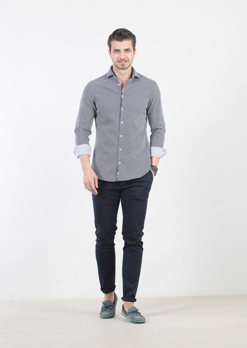 Lacivert Baskılı Slim Fit Dokuma Casual %100 Pamuk Gömlek - 1