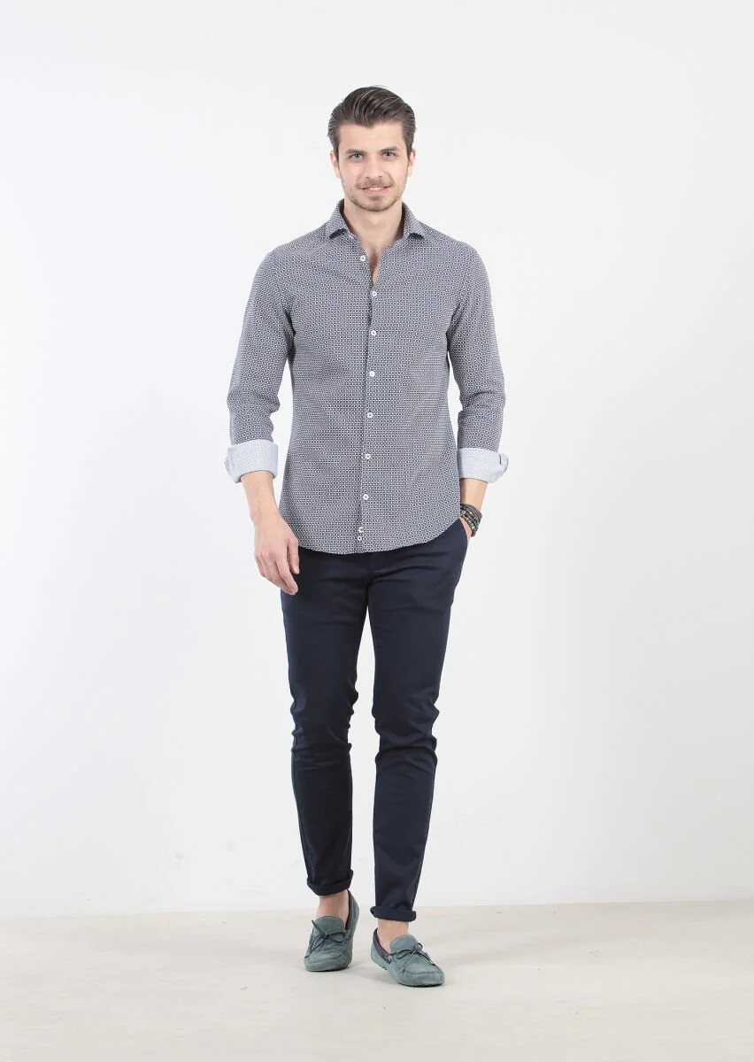 Lacivert Baskılı Slim Fit Dokuma Casual %100 Pamuk Gömlek - 1