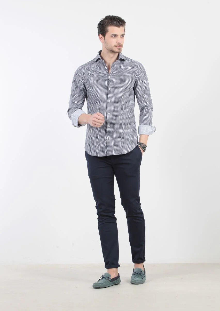 Lacivert Baskılı Slim Fit Dokuma Casual %100 Pamuk Gömlek - 2