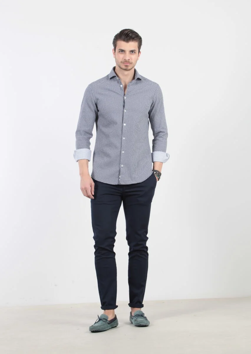 Lacivert Baskılı Slim Fit Dokuma Casual %100 Pamuk Gömlek - 3
