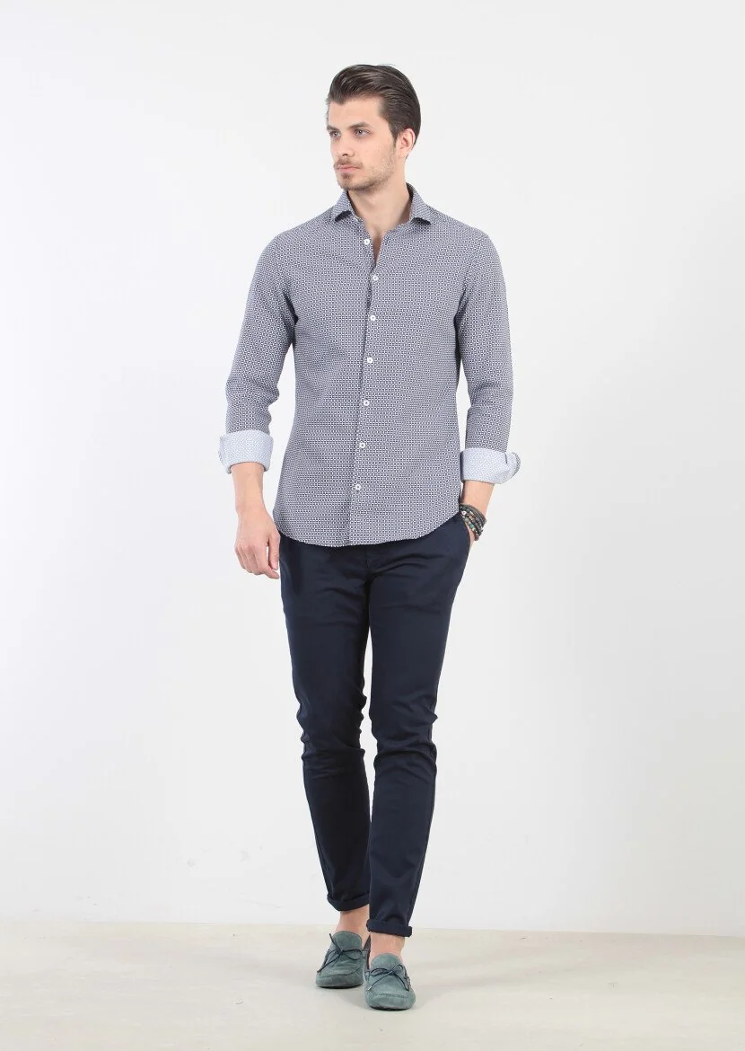 Lacivert Baskılı Slim Fit Dokuma Casual %100 Pamuk Gömlek - 4