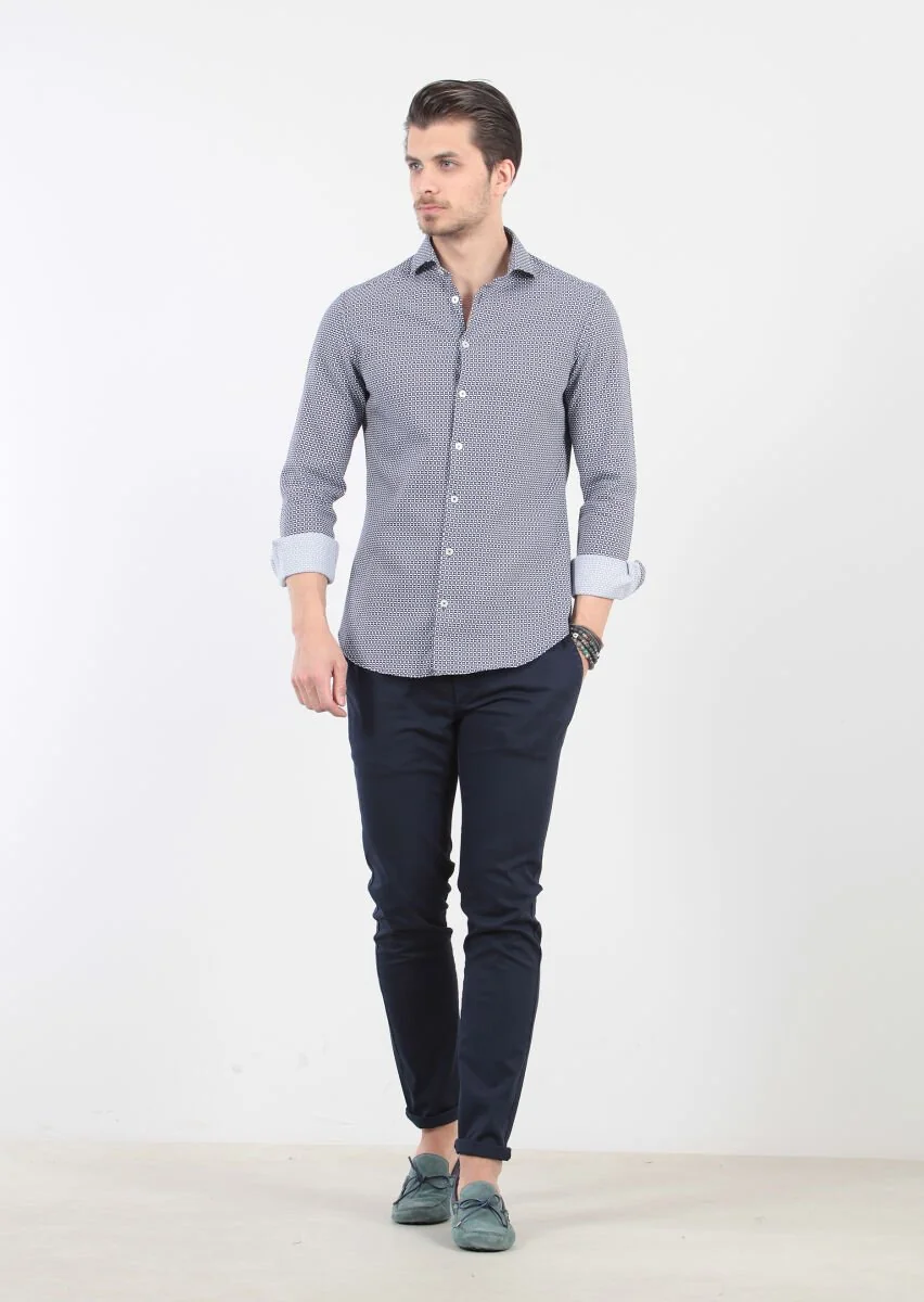Lacivert Baskılı Slim Fit Dokuma Casual %100 Pamuk Gömlek - 4
