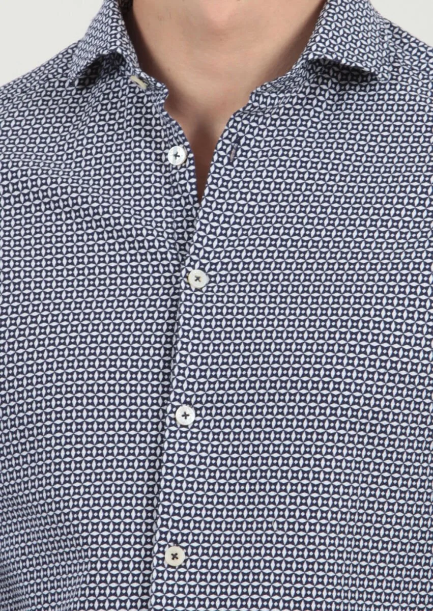 Lacivert Baskılı Slim Fit Dokuma Casual %100 Pamuk Gömlek - 5