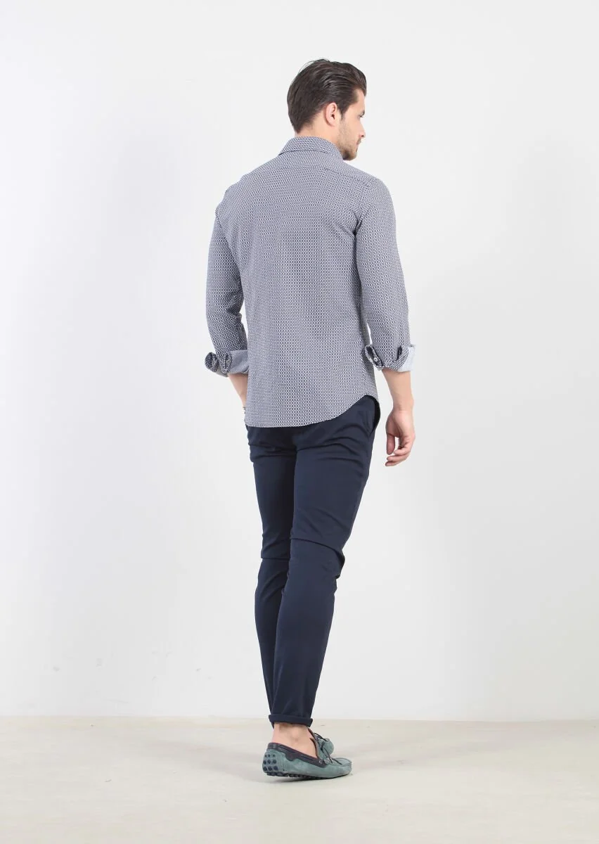 Lacivert Baskılı Slim Fit Dokuma Casual %100 Pamuk Gömlek - 6