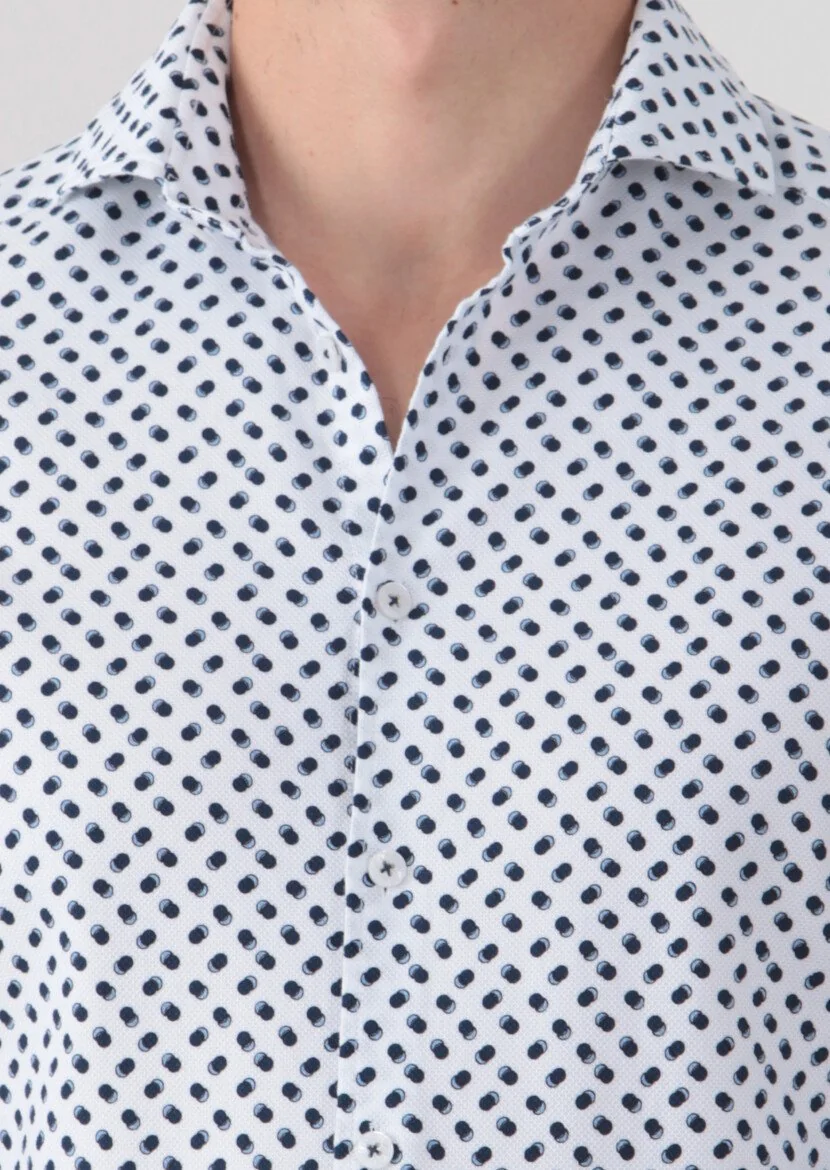 Lacivert Baskılı Slim Fit Dokuma Casual %100 Pamuk Gömlek - 4