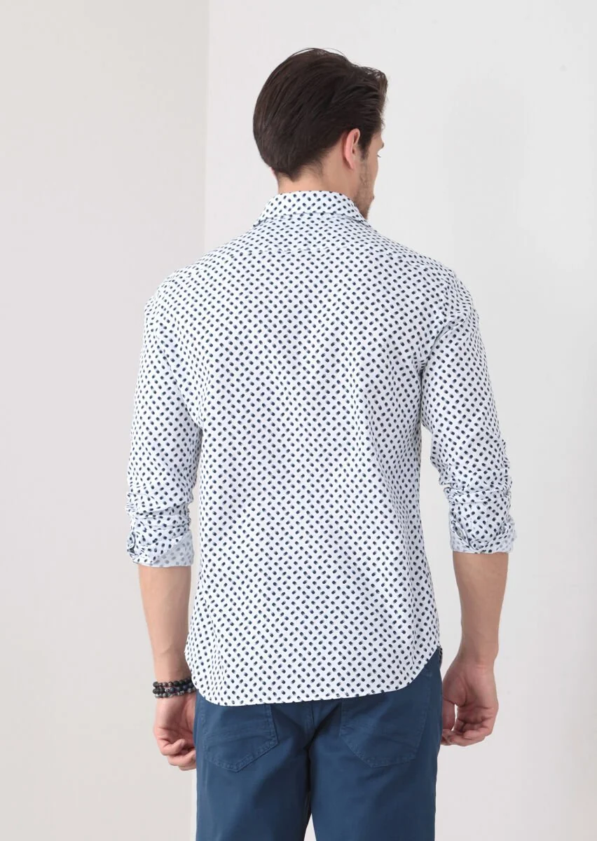 Lacivert Baskılı Slim Fit Dokuma Casual %100 Pamuk Gömlek - 5