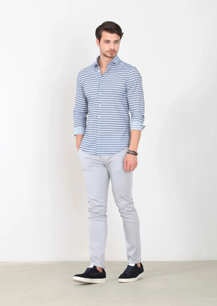 Lacivert Baskılı Slim Fit Dokuma Casual %100 Pamuk Gömlek - 2