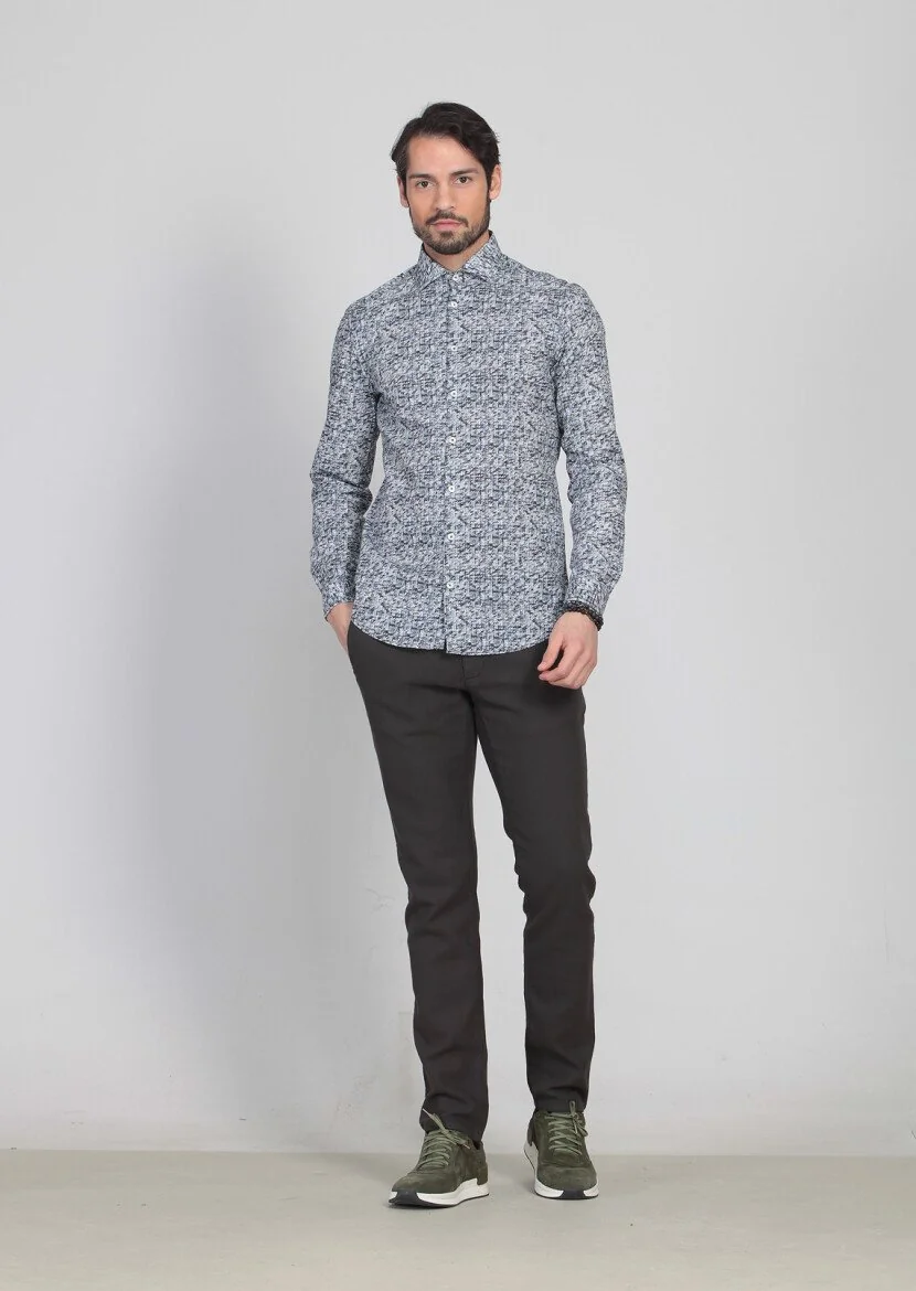 Lacivert Baskılı Slim Fit Dokuma Casual %100 Pamuk Gömlek 