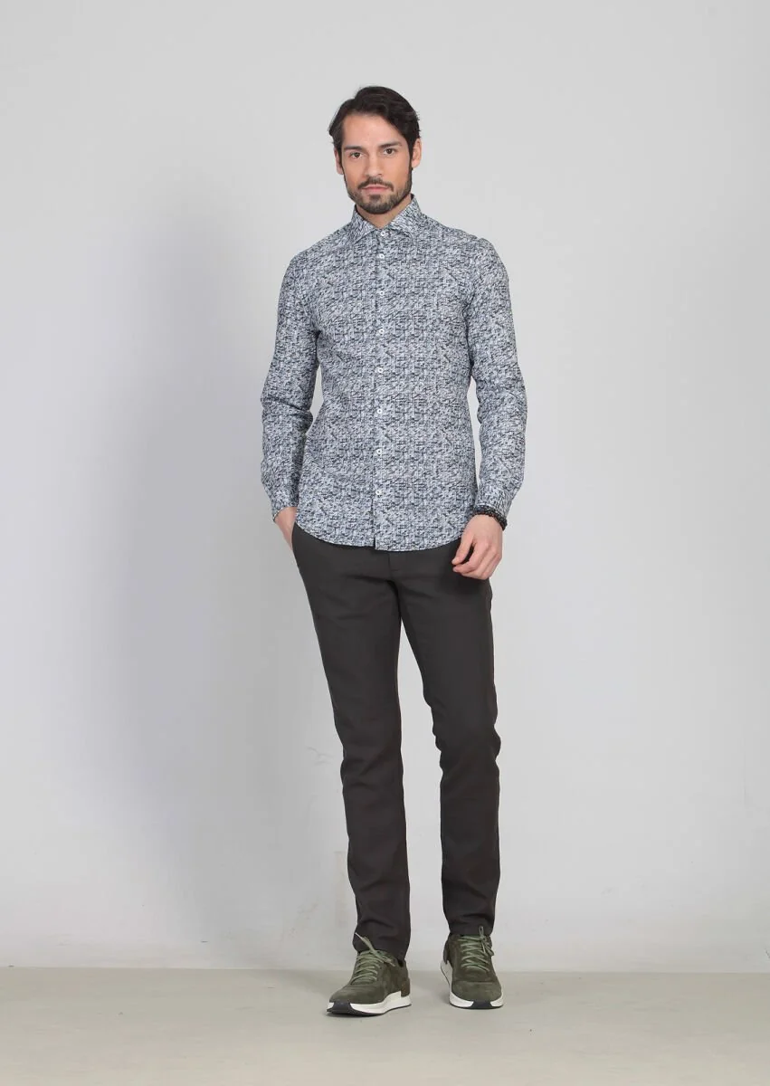 Lacivert Baskılı Slim Fit Dokuma Casual %100 Pamuk Gömlek - 2