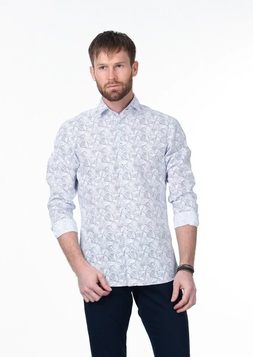 Lacivert Baskılı Slim Fit Dokuma Casual %100 Pamuk Gömlek - 1