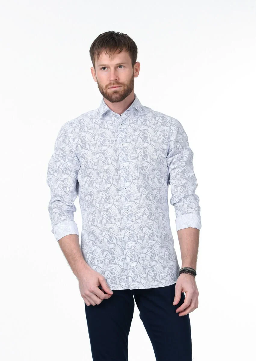 Lacivert Baskılı Slim Fit Dokuma Casual %100 Pamuk Gömlek - 1