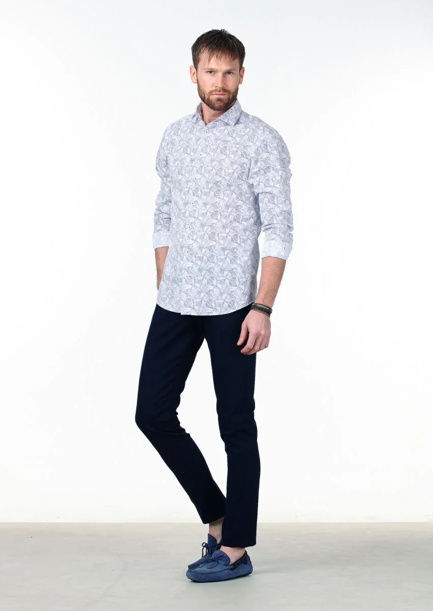 Lacivert Baskılı Slim Fit Dokuma Casual %100 Pamuk Gömlek - 2