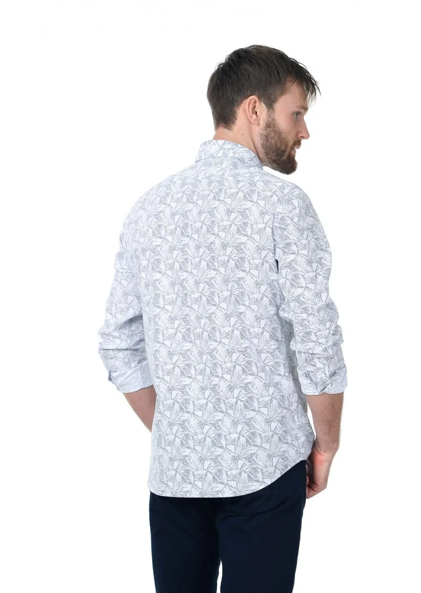 Lacivert Baskılı Slim Fit Dokuma Casual %100 Pamuk Gömlek - 4