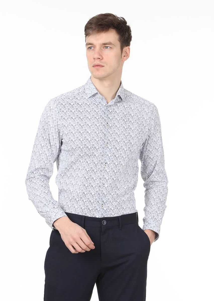 Lacivert Baskılı Slim Fit Dokuma Casual %100 Pamuk Gömlek - 1