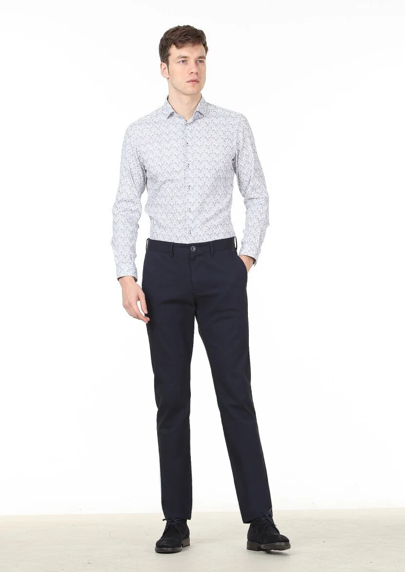 Lacivert Baskılı Slim Fit Dokuma Casual %100 Pamuk Gömlek - 3