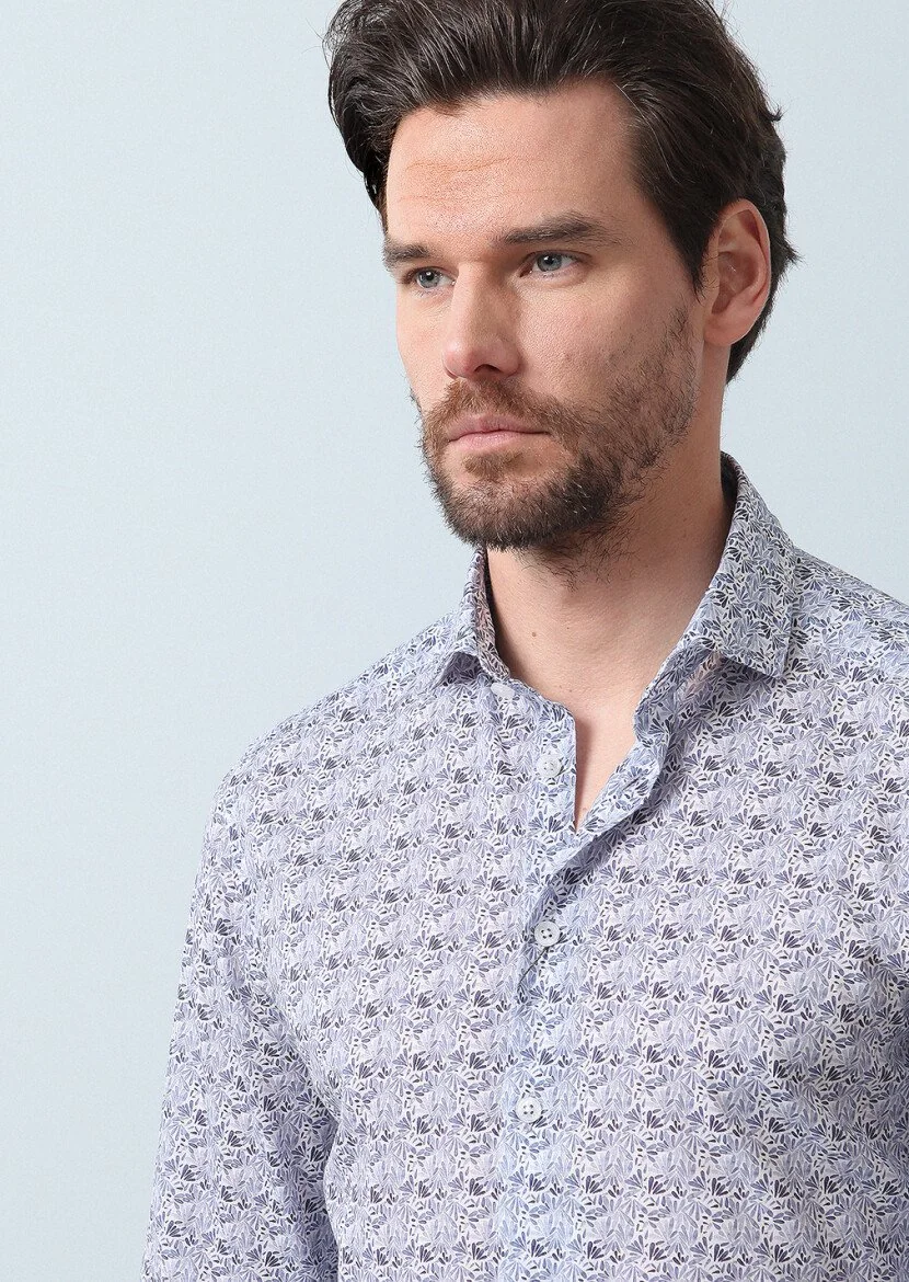 Lacivert Baskılı Slim Fit Dokuma Casual %100 Pamuk Gömlek - 4