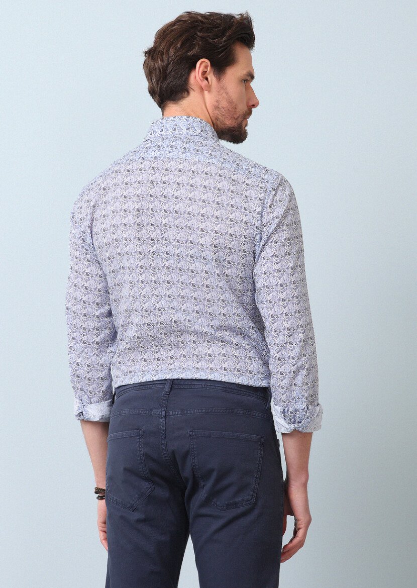 Lacivert Baskılı Slim Fit Dokuma Casual %100 Pamuk Gömlek - 6