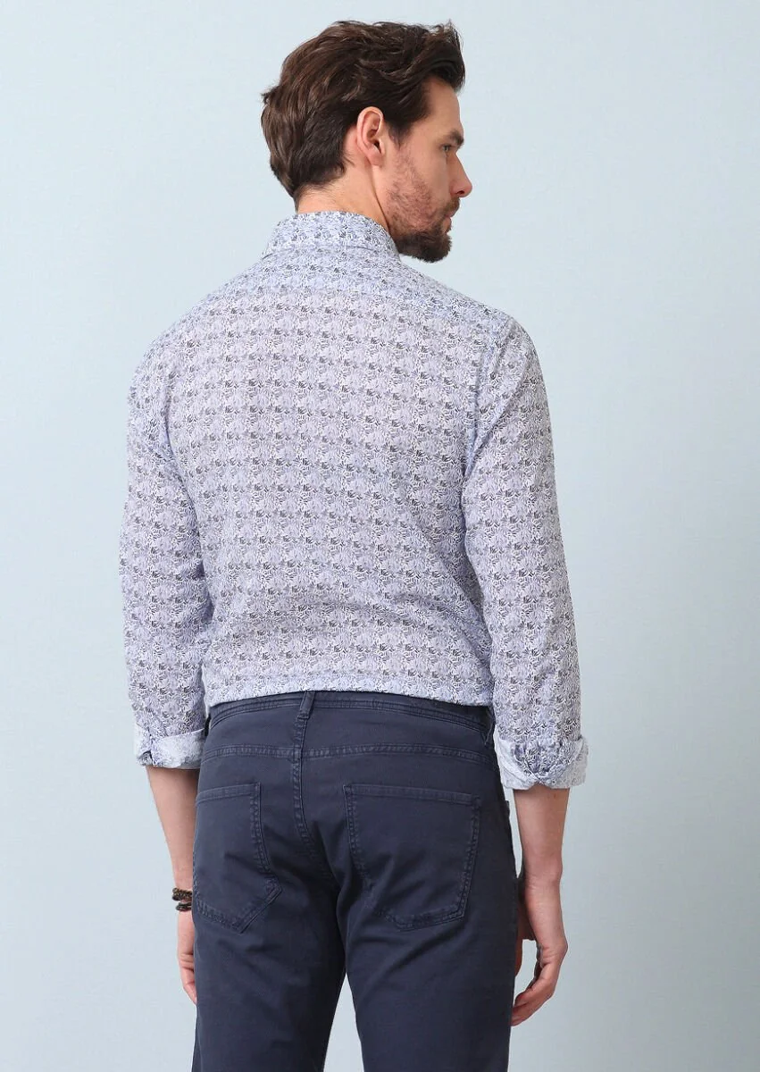 Lacivert Baskılı Slim Fit Dokuma Casual %100 Pamuk Gömlek - 7