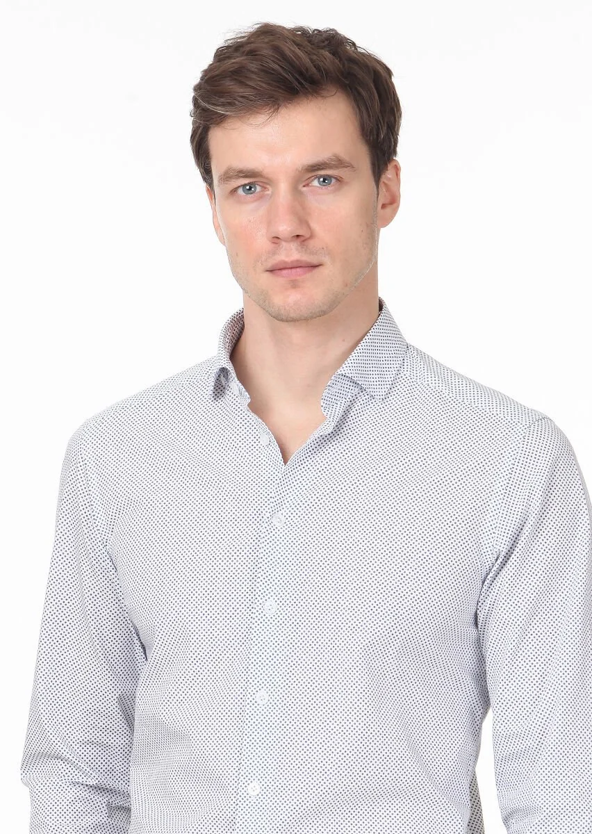 Lacivert Baskılı Slim Fit Dokuma Casual %100 Pamuk Gömlek - 2