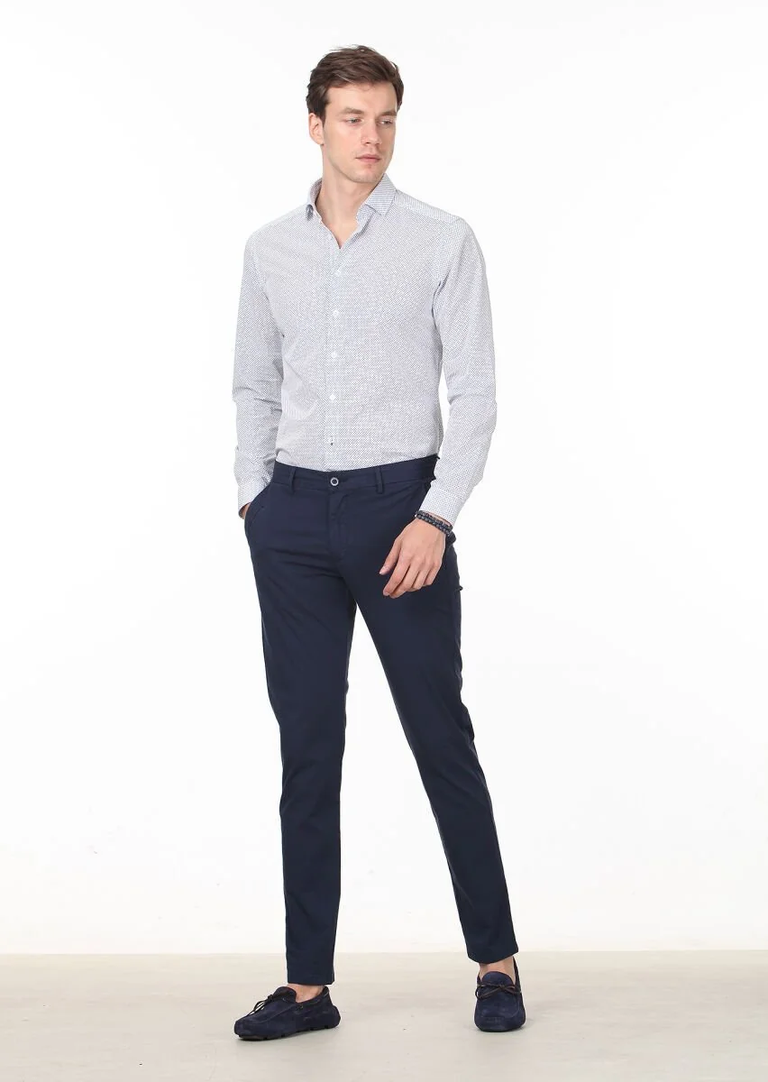 Lacivert Baskılı Slim Fit Dokuma Casual %100 Pamuk Gömlek - 3