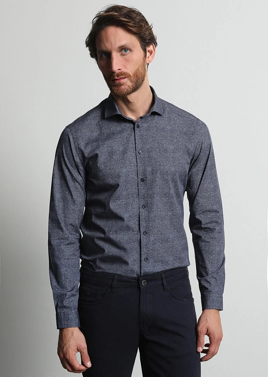 Lacivert Baskılı Slim Fit Dokuma Casual %100 Pamuk Gömlek - 1
