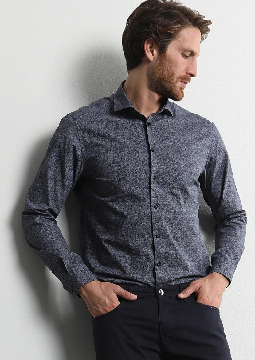 Lacivert Baskılı Slim Fit Dokuma Casual %100 Pamuk Gömlek 