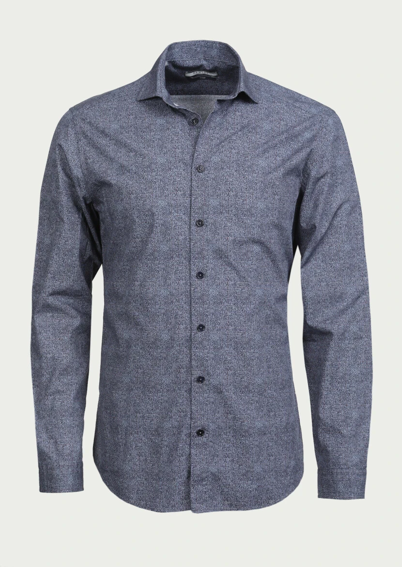Lacivert Baskılı Slim Fit Dokuma Casual %100 Pamuk Gömlek - 6