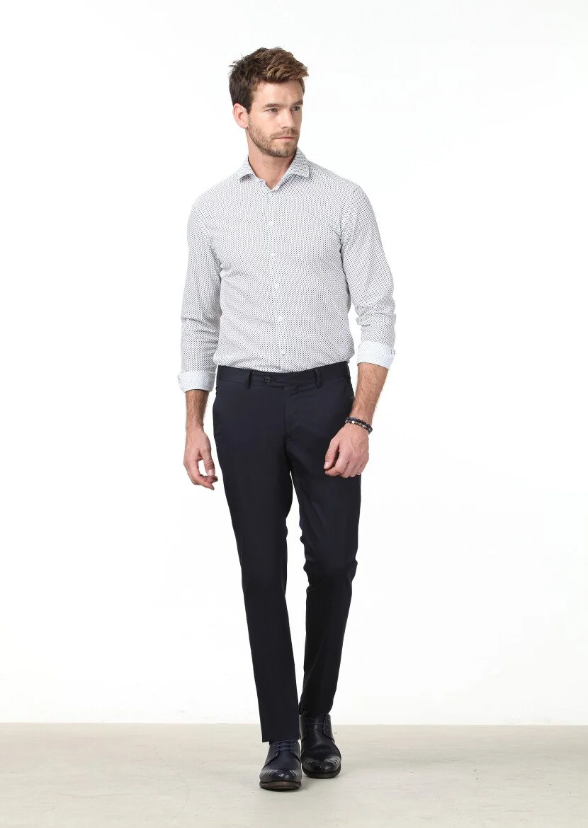 Lacivert Baskılı Slim Fit Dokuma Casual Pamuk Karışımlı Gömlek 