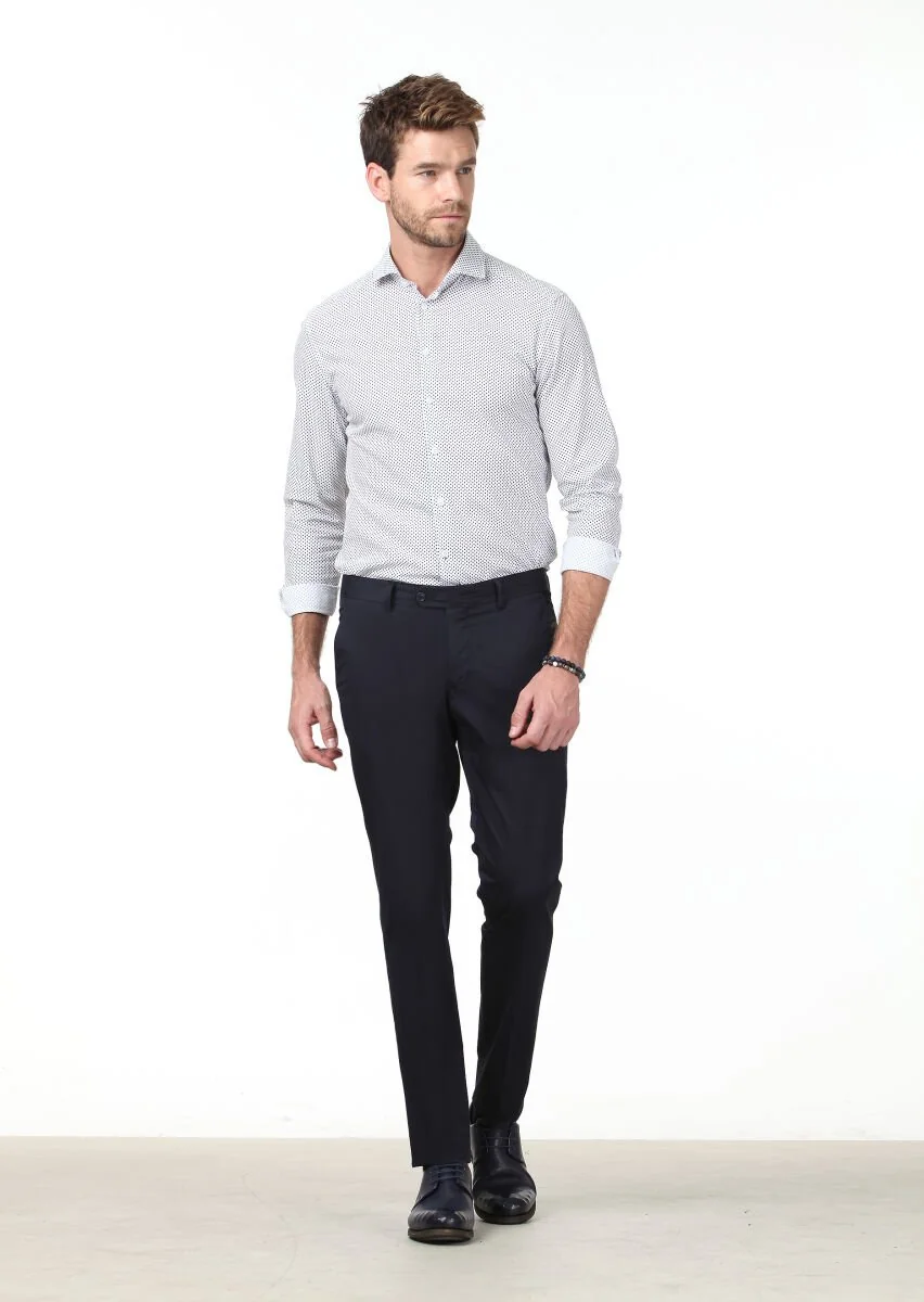 Lacivert Baskılı Slim Fit Dokuma Casual Pamuk Karışımlı Gömlek - 2