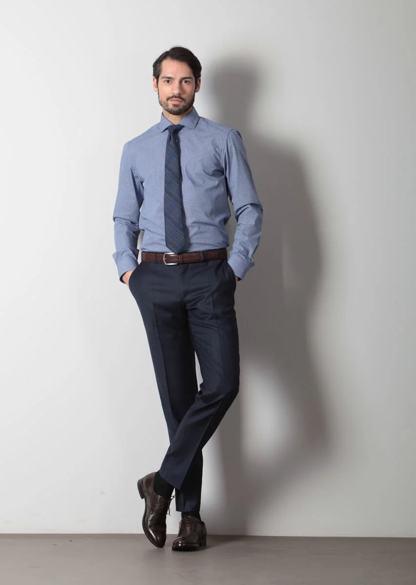 Lacivert Baskılı Slim Fit Dokuma Klasik %100 Pamuk Gömlek - 3