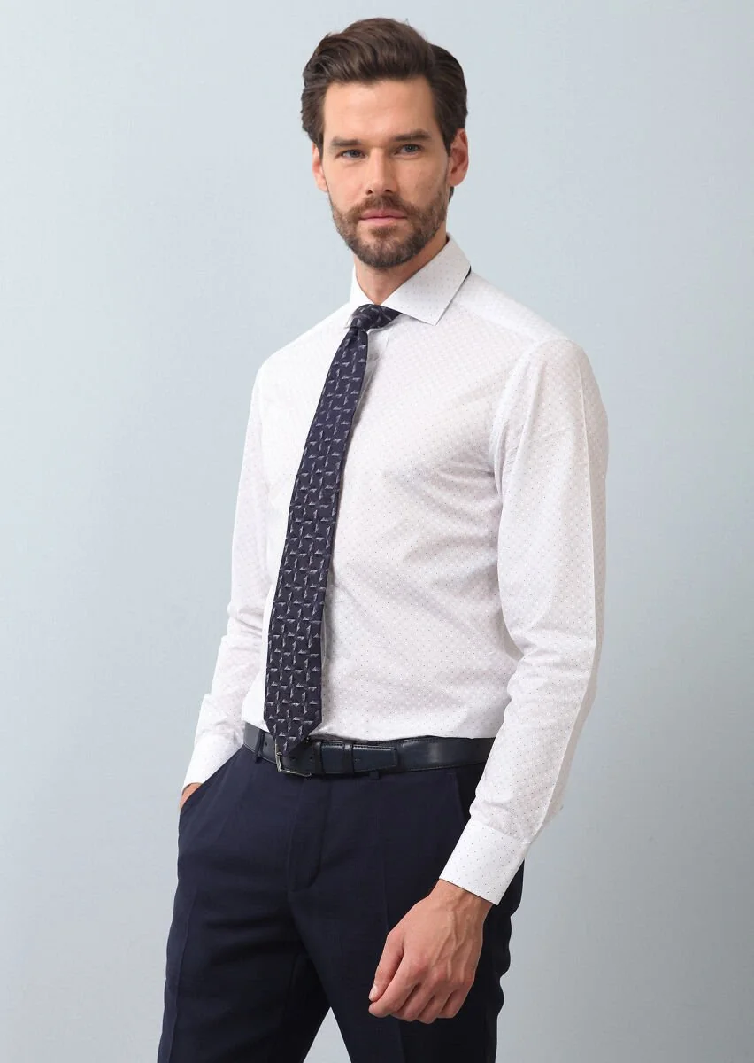Lacivert Baskılı Slim Fit Dokuma Klasik %100 Pamuk Gömlek - 1