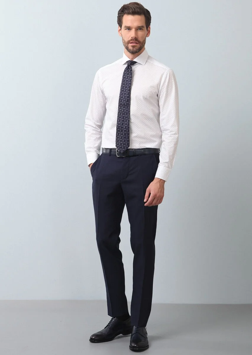 Lacivert Baskılı Slim Fit Dokuma Klasik %100 Pamuk Gömlek - 3