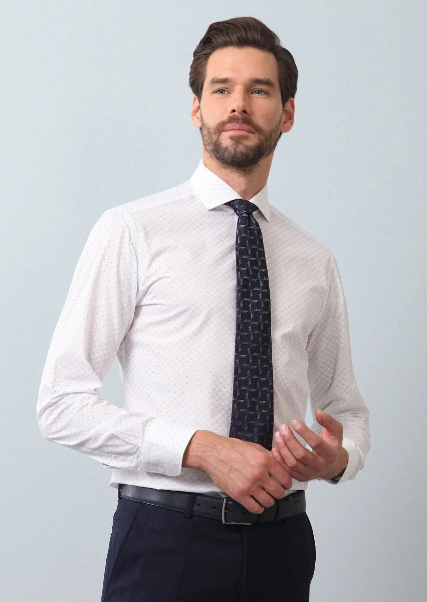 Lacivert Baskılı Slim Fit Dokuma Klasik %100 Pamuk Gömlek - 4