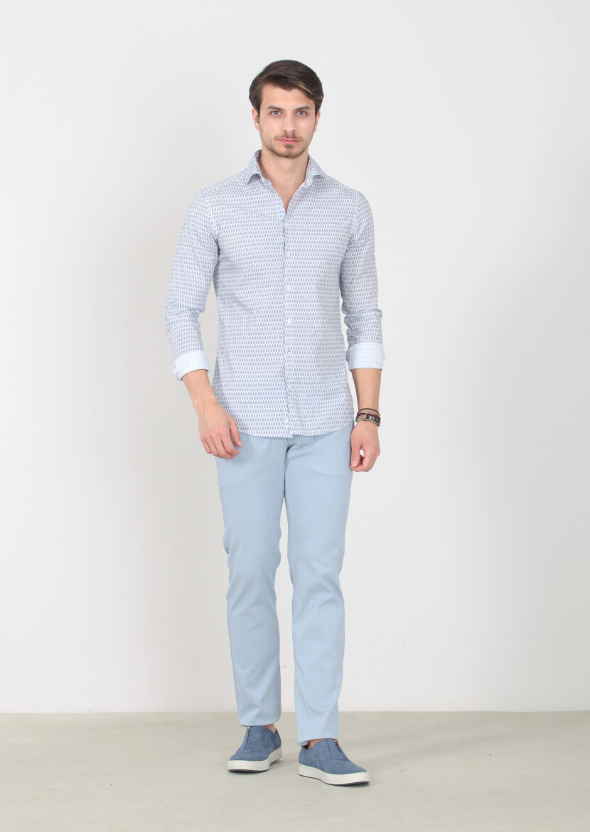 Lacivert Baskılı Slim Fit Uzun Dokuma Casual %100 Pamuk Gömlek - 1